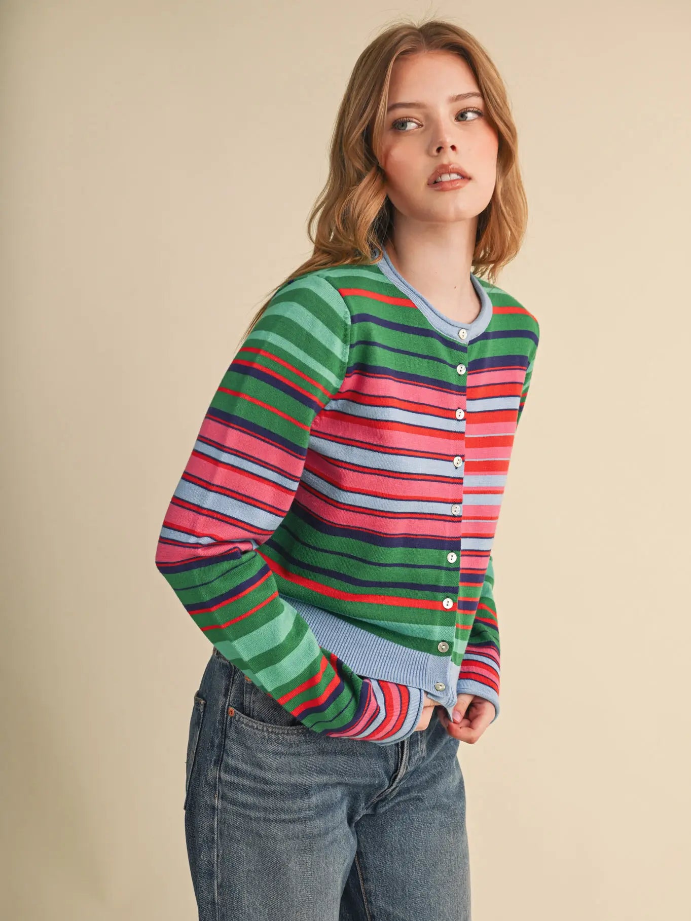 Green & Pink Mix Stripe Cardigan