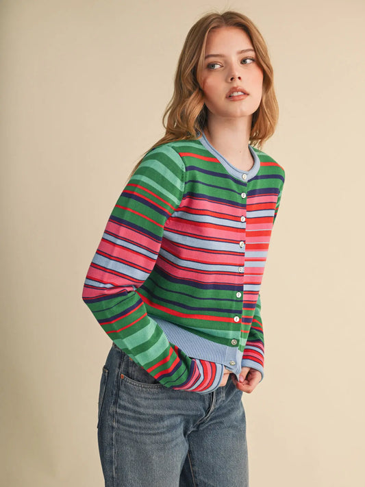 Green & Pink Mix Stripe Cardigan