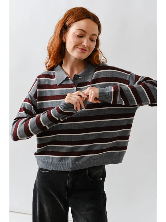 Grey & Burgundy Stripe Polo Sweater