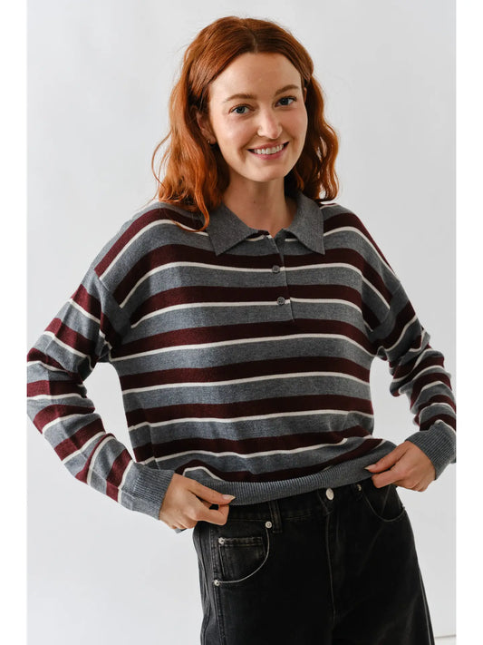 Grey & Burgundy Stripe Polo Sweater