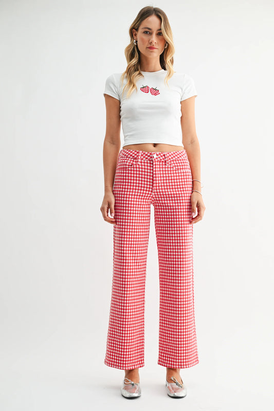 Red Gingham Halle High Rise Straight Jean