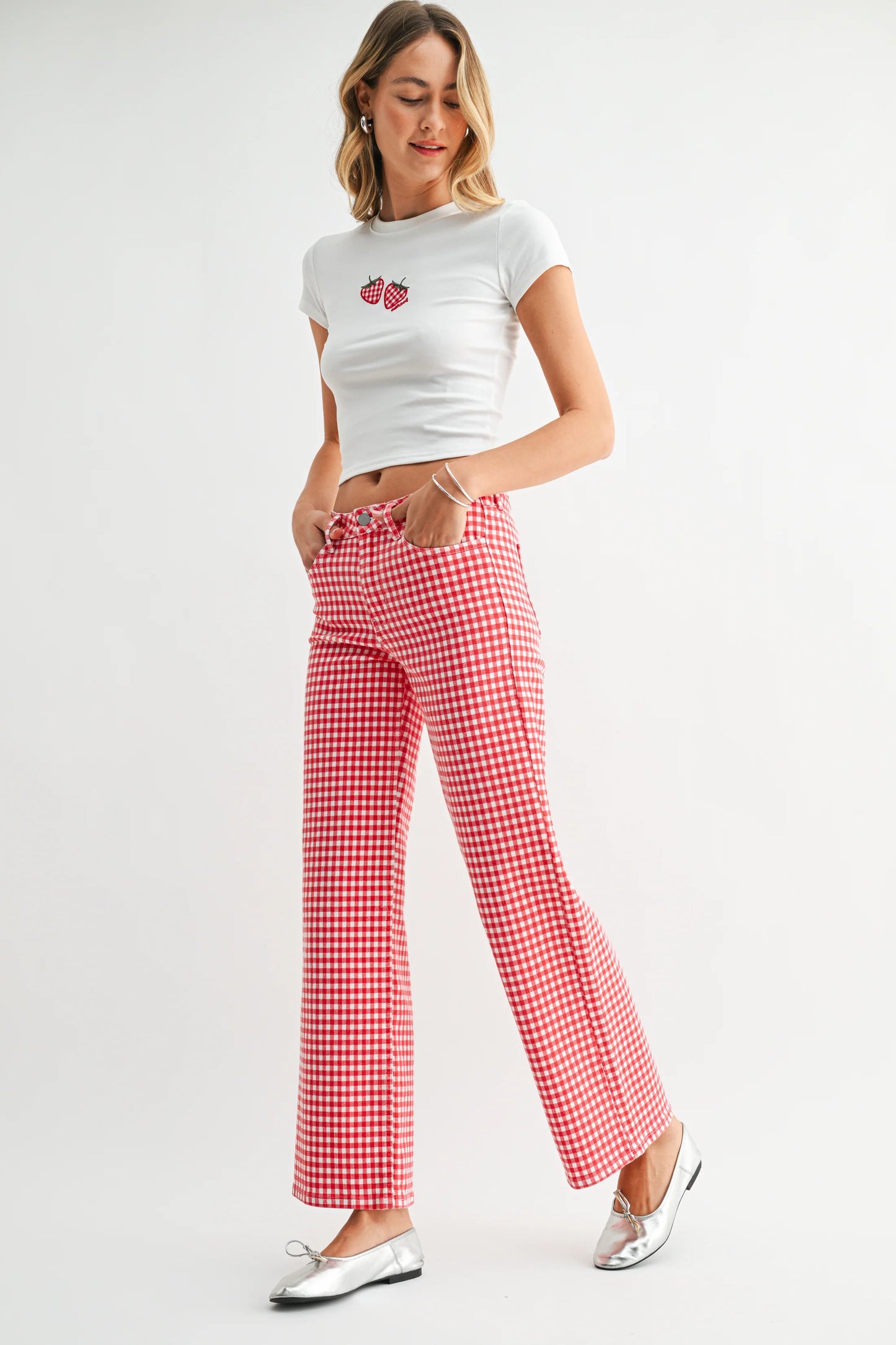 Red Gingham Halle High Rise Straight Jean
