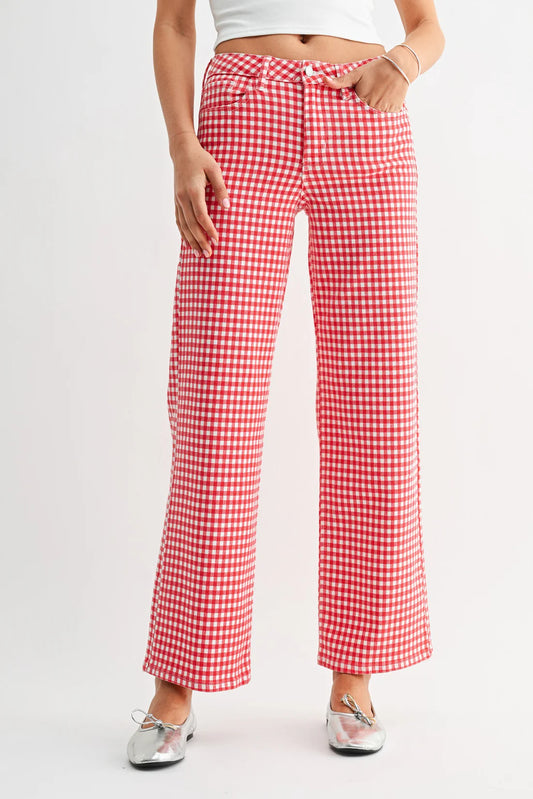 Red Gingham Halle High Rise Straight Jean