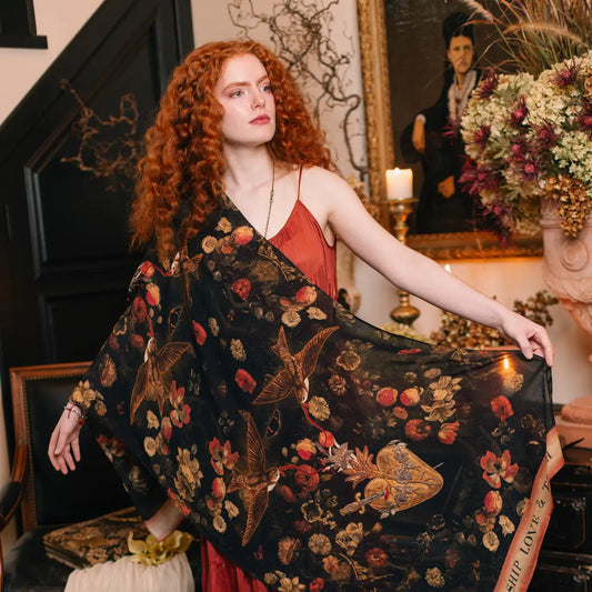 Heart of Gold Scarf with Swallows & Sacred Heart