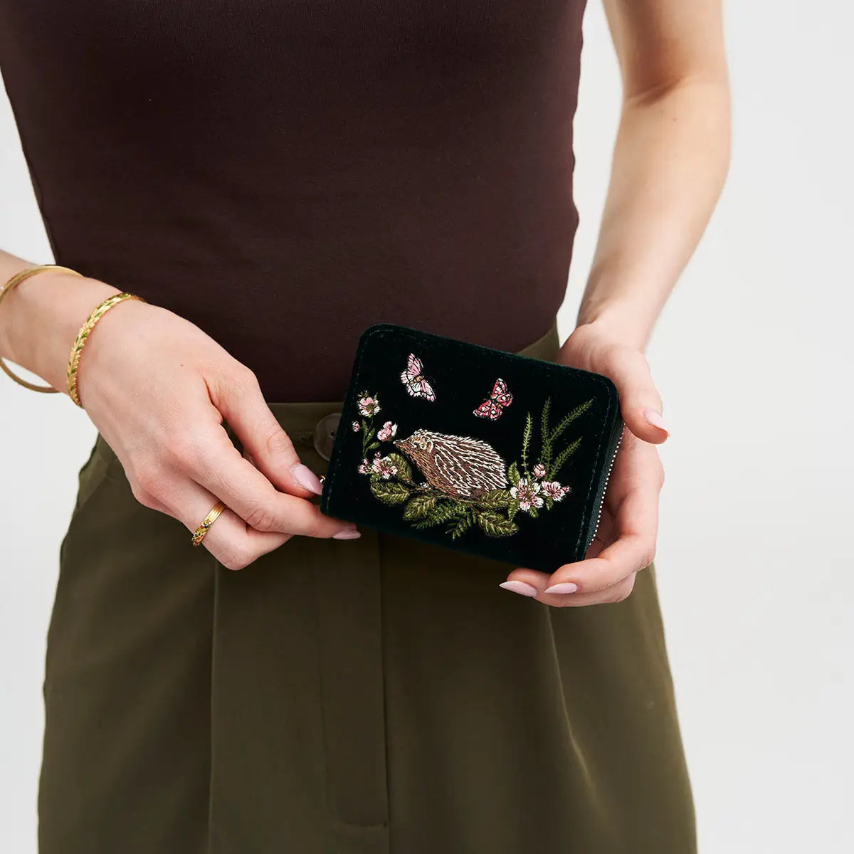 Hedgehog Embroidered Small Wallet in Forest Green Velvet