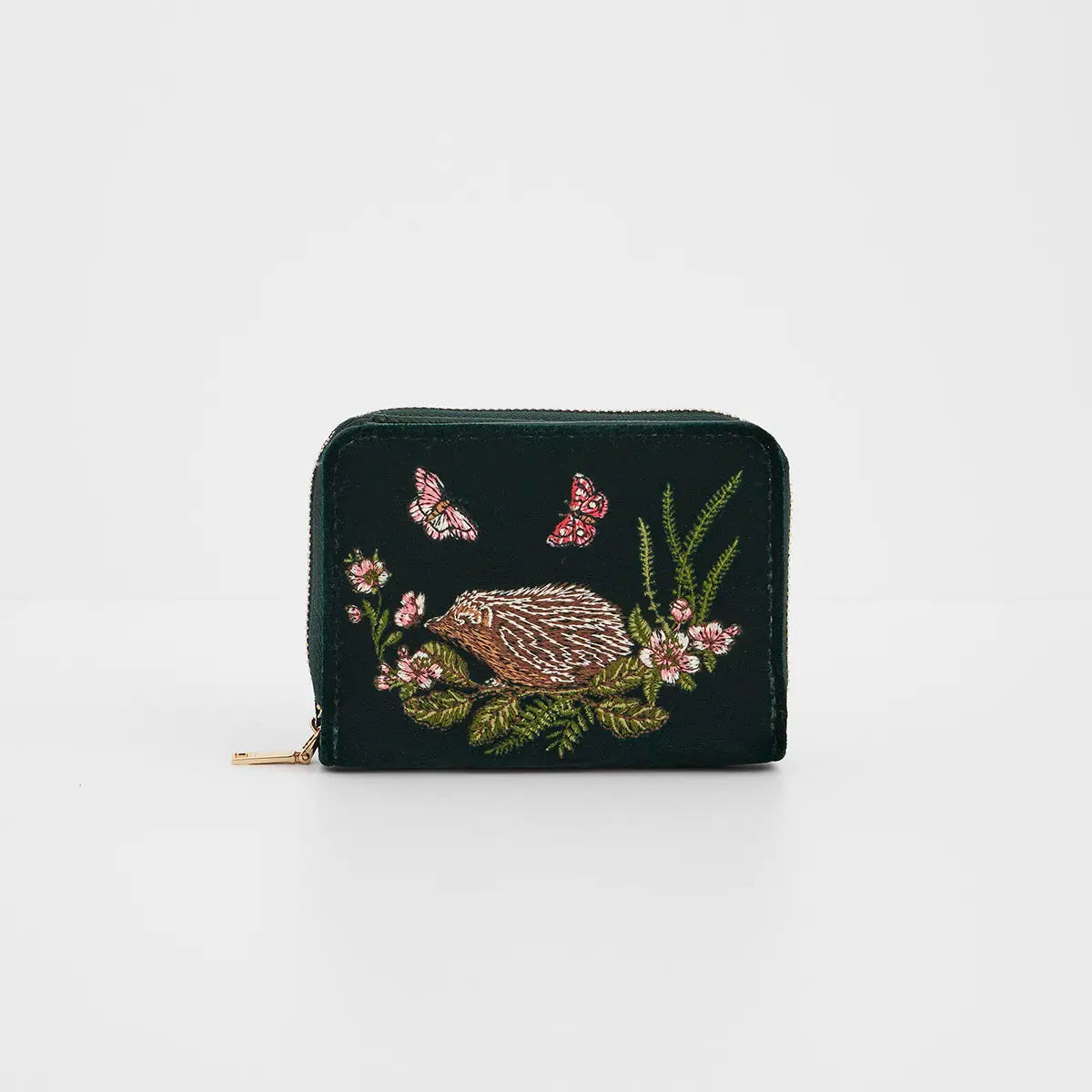 Hedgehog Embroidered Small Wallet in Forest Green Velvet