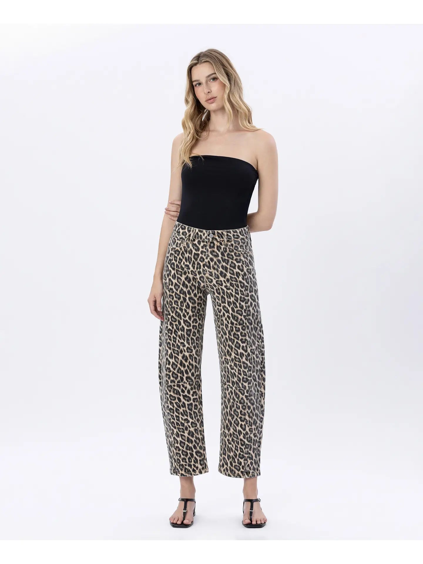 High Rise Leopard Print Barrel Jeans