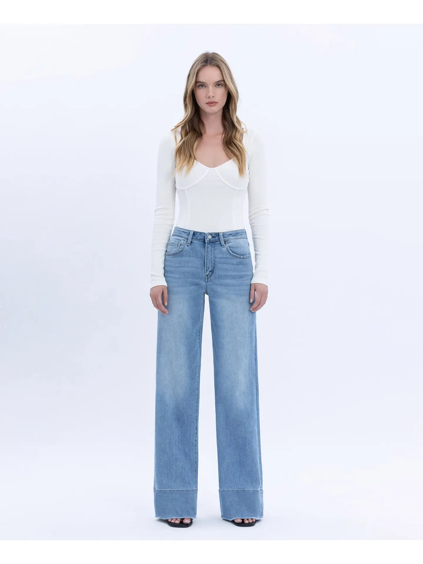 High Rise Raw Hem Wide A Line Jeans