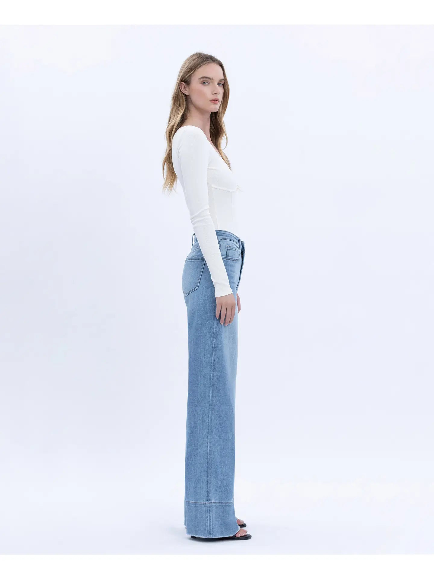 High Rise Raw Hem Wide A Line Jeans