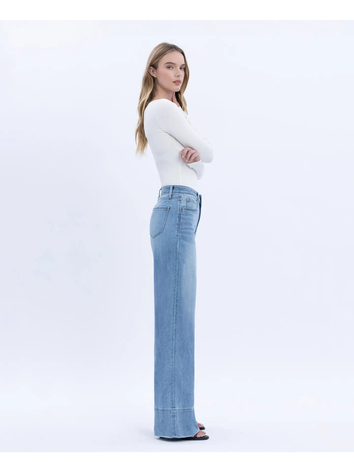 High Rise Raw Hem Wide A Line Jeans