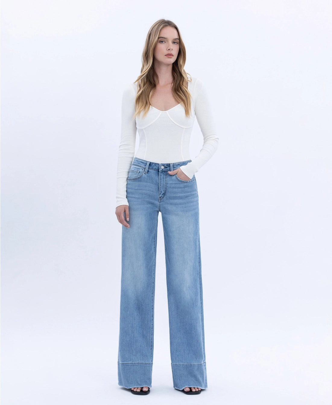 High Rise Raw Hem Wide A Line Jeans