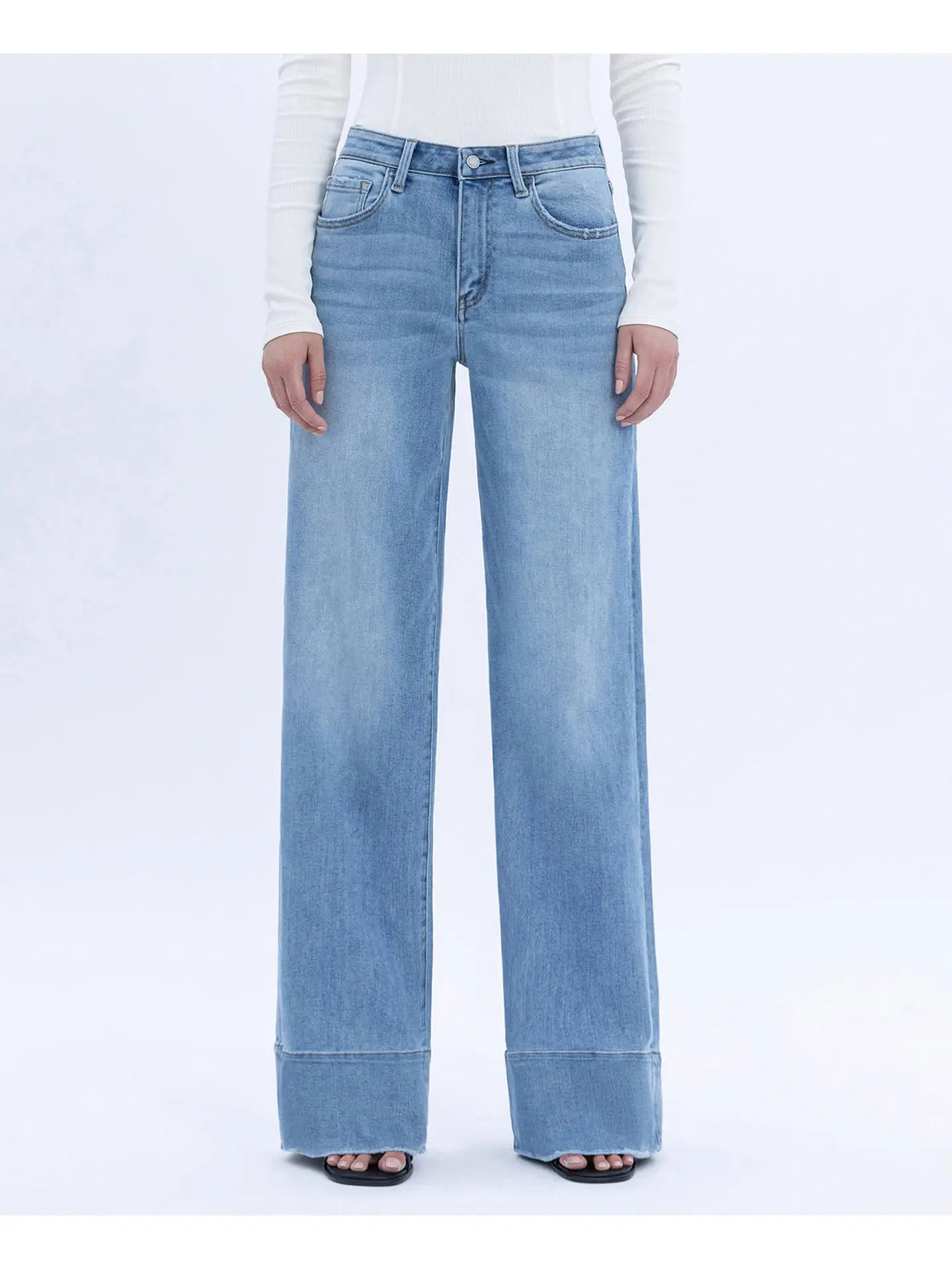 High Rise Raw Hem Wide A Line Jeans