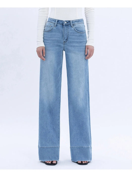 High Rise Raw Hem Wide A Line Jeans
