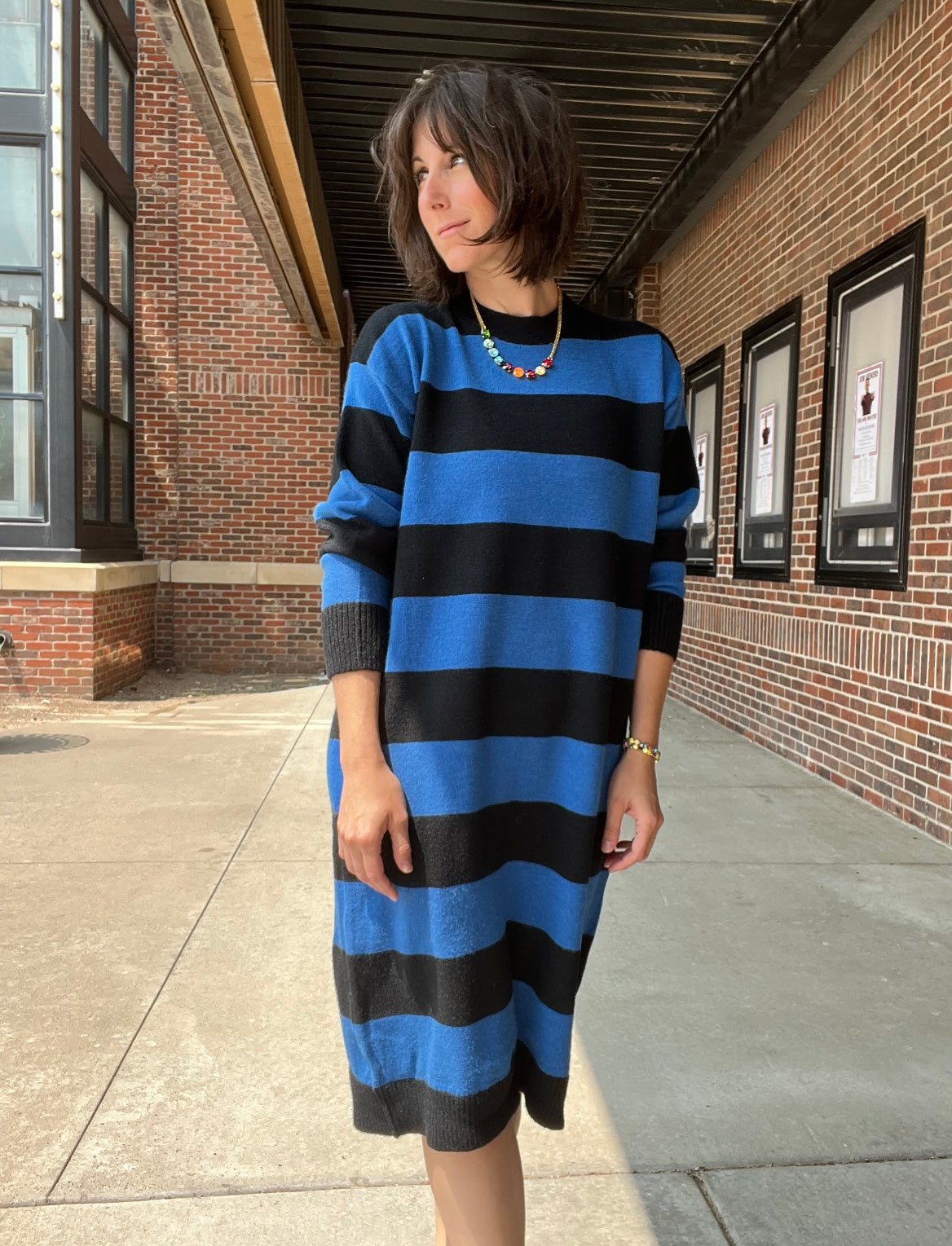 Black & Blue Stripe Midi Sweater Dress