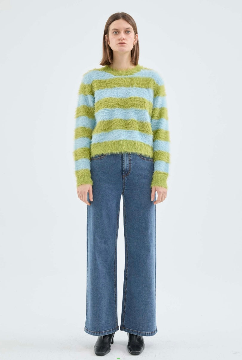 Aqua & Avocado Striped Fuzzy Sweater