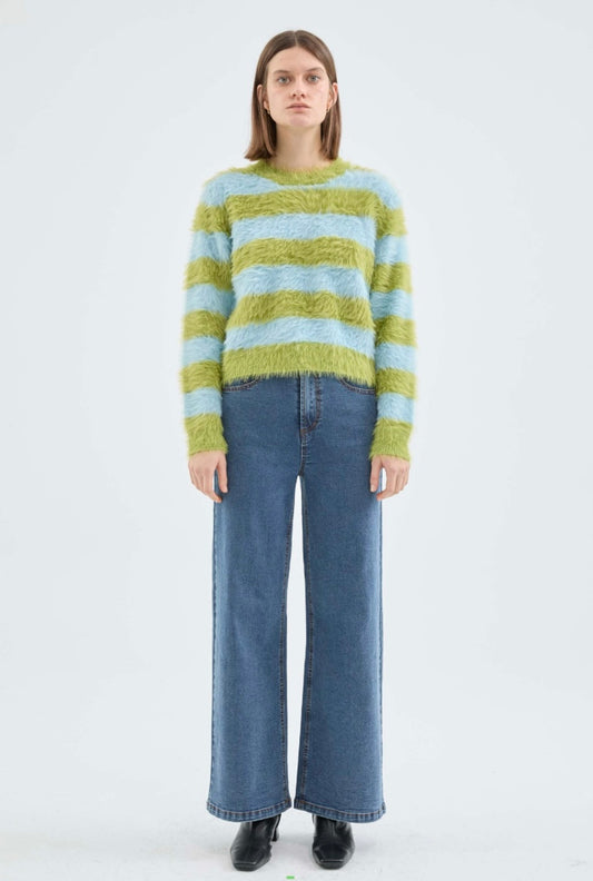 Aqua & Avocado Striped Fuzzy Sweater