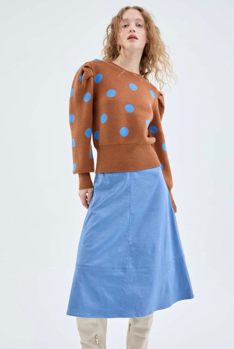 Brown & Blue Polka Dot Puff Sleeve Sweater