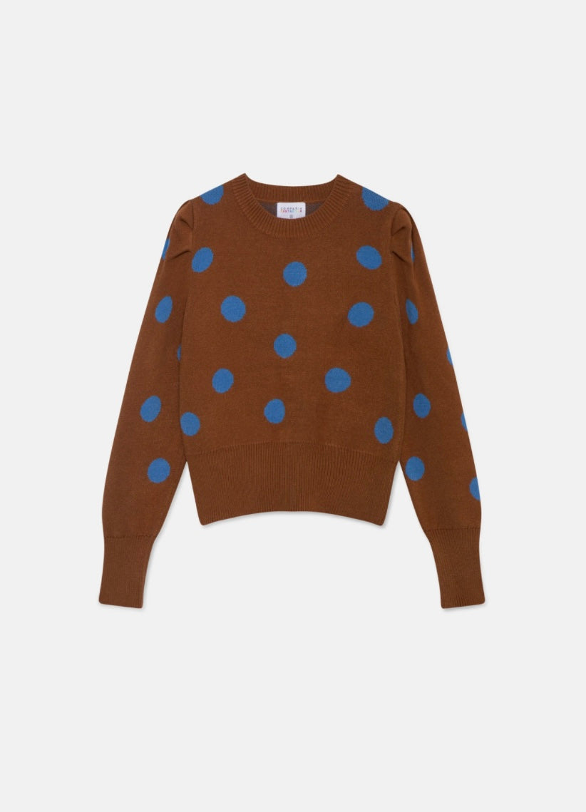 Brown & Blue Polka Dot Puff Sleeve Sweater