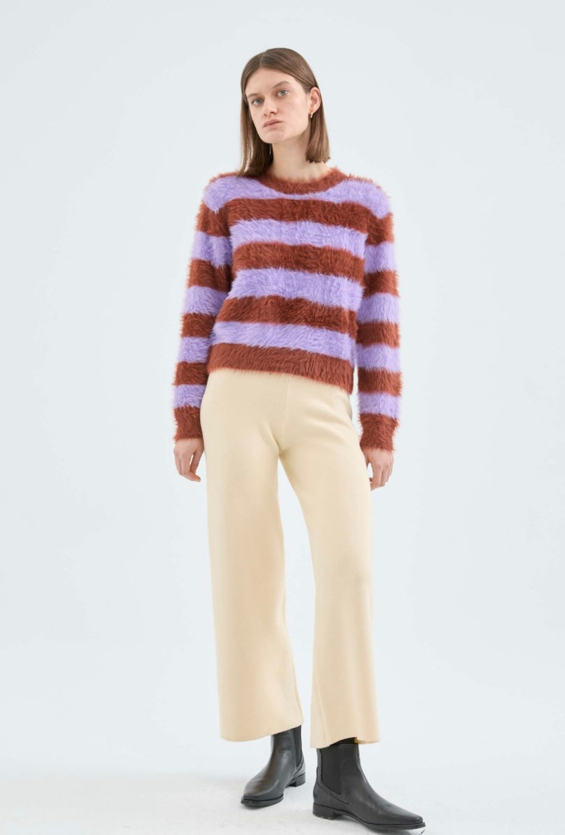 Brown & Lilac Fuzzy Striped Sweater