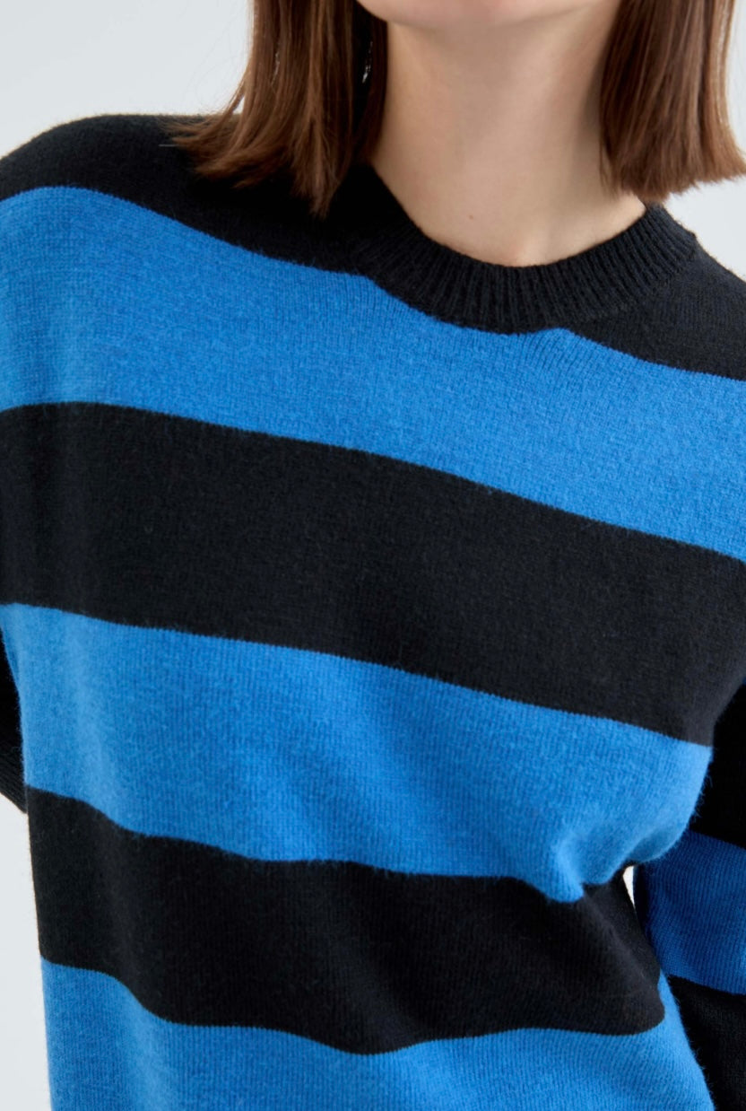 Black & Blue Stripe Midi Sweater Dress