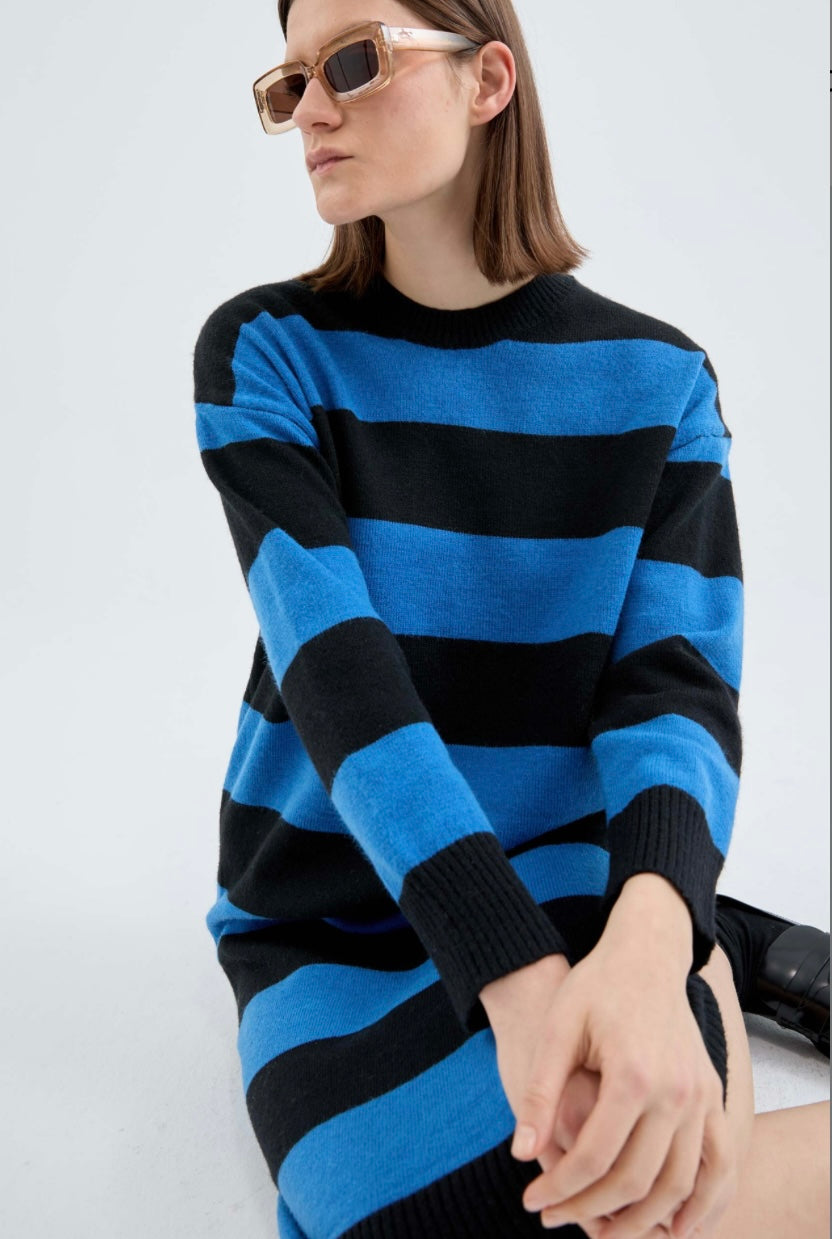 Black & Blue Stripe Midi Sweater Dress