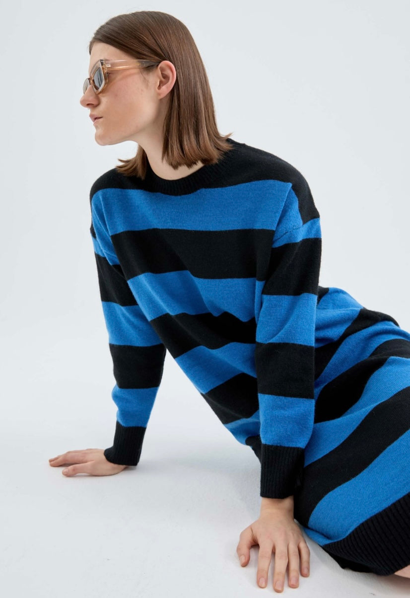 Black & Blue Stripe Midi Sweater Dress