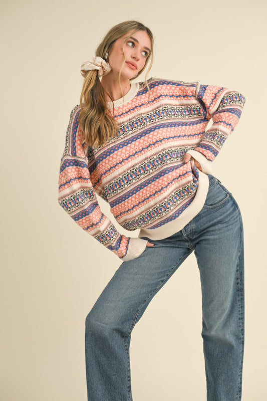 Ivory Coral Blue Fair Isle Sweater