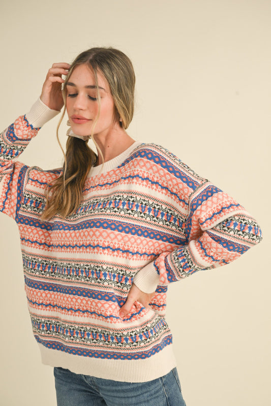 Ivory Coral Blue Fair Isle Sweater