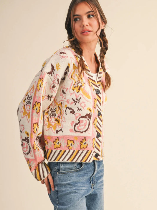 Ivory & Coral Paisley Knit Sweater Cardigan