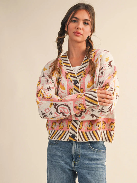 Ivory & Coral Paisley Knit Sweater Cardigan