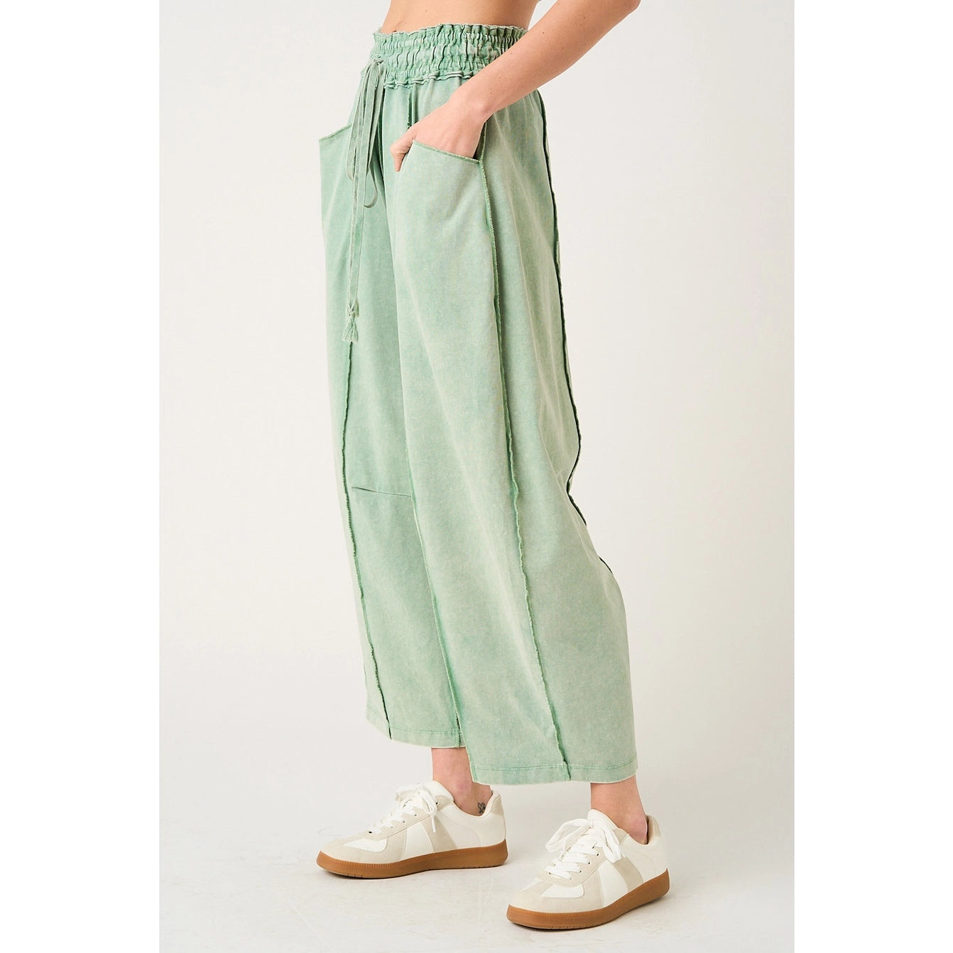 Jade Green Mineral Wash Seam Detail Pull On Barrel Pants