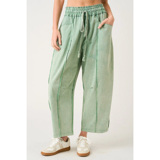 Jade Green Mineral Wash Seam Detail Pull On Barrel Pants