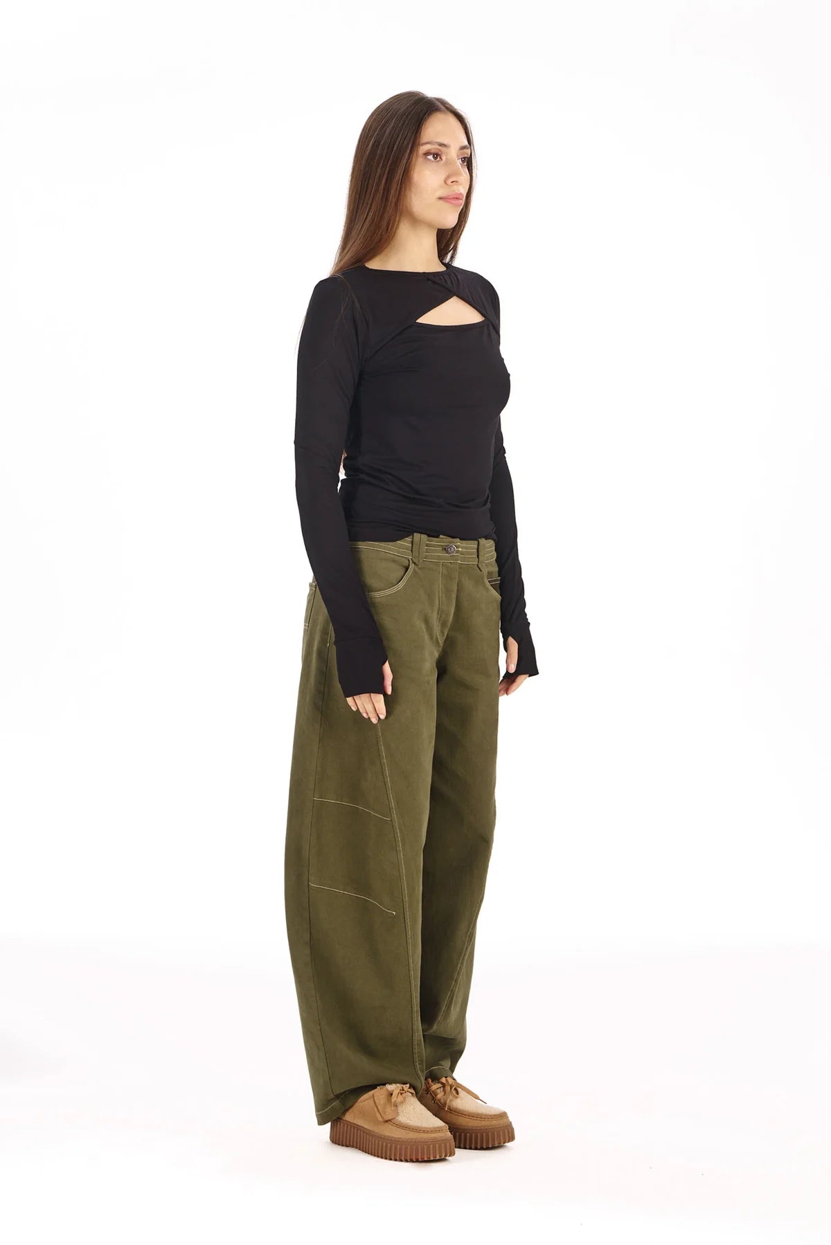 Khaki Olive Amelia Barrel Leg Trouser by Komodo