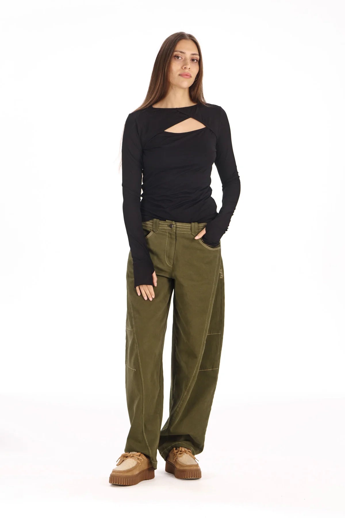 Khaki Olive Amelia Barrel Leg Trouser by Komodo
