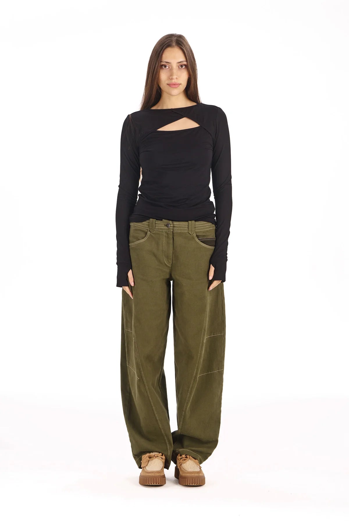Khaki Olive Amelia Barrel Leg Trouser by Komodo