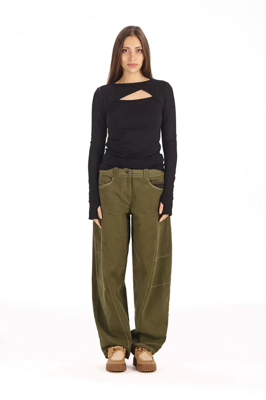 Khaki Olive Amelia Barrel Leg Trouser by Komodo