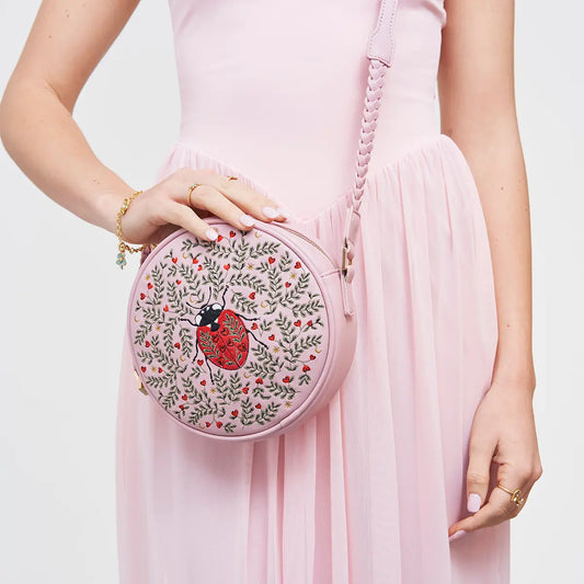 Ladybug Pink Embroidered Circle Bag by Fable England