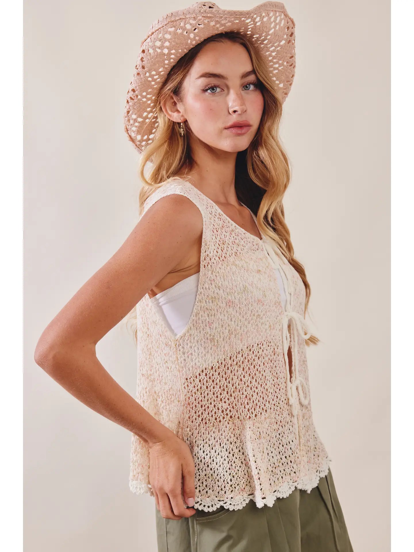 Light Coral Crochet Tie-Front Sleeveless Top – Lucinda's Light Coral Crochet Tie-Front Sleeveless Top – Lucinda's