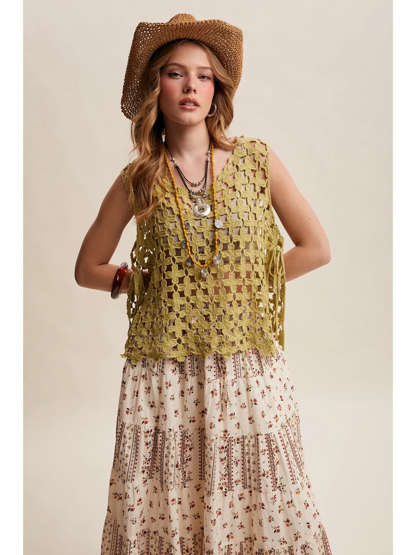 Light Green Flower Crochet Sleeveless Tank
