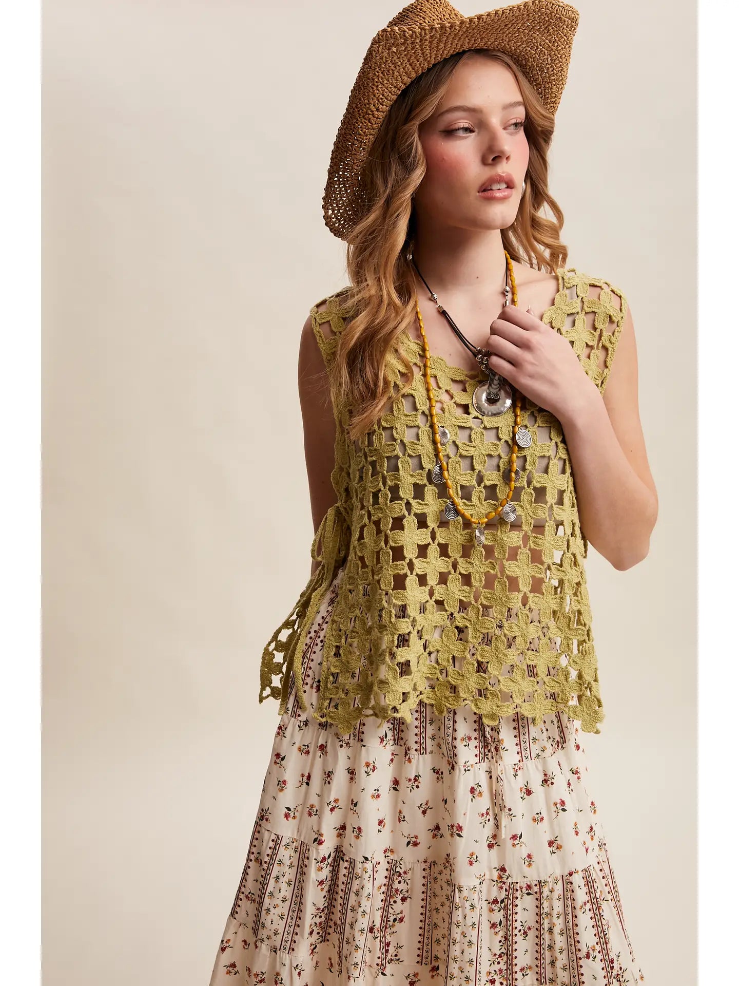 Light Green Flower Crochet Sleeveless Tank