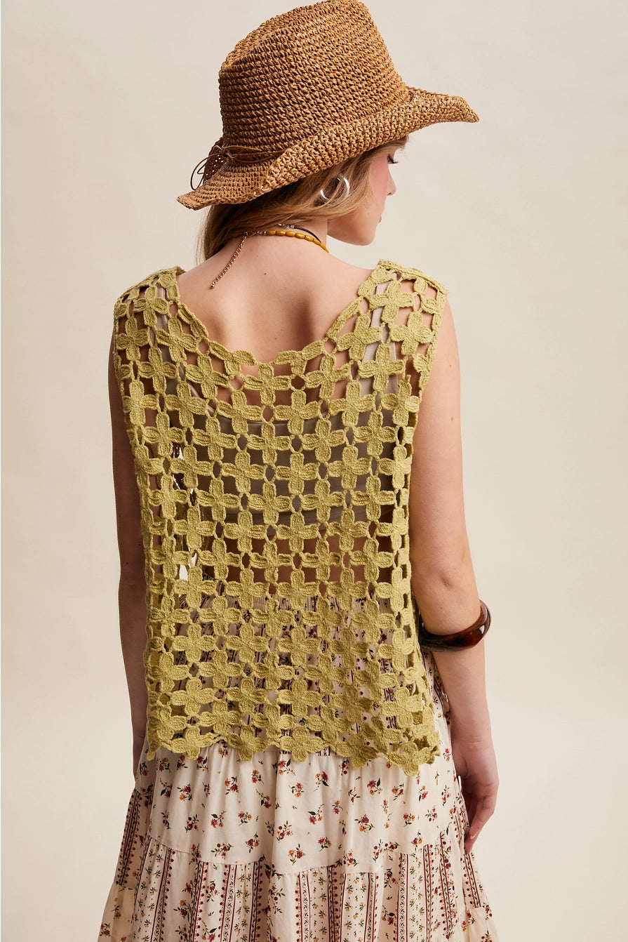 Light Green Flower Crochet Sleeveless Tank
