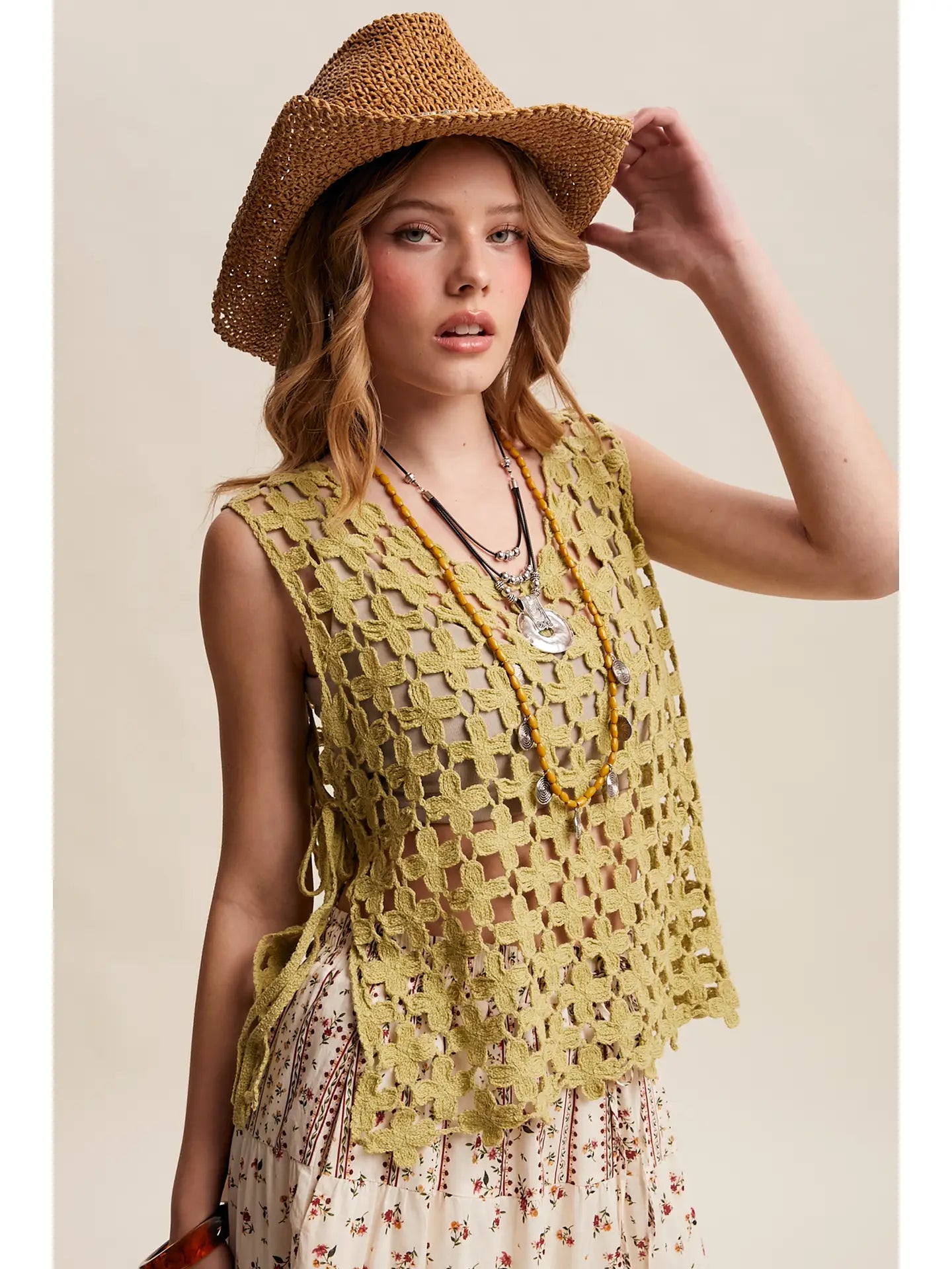 Light Green Flower Crochet Sleeveless Tank