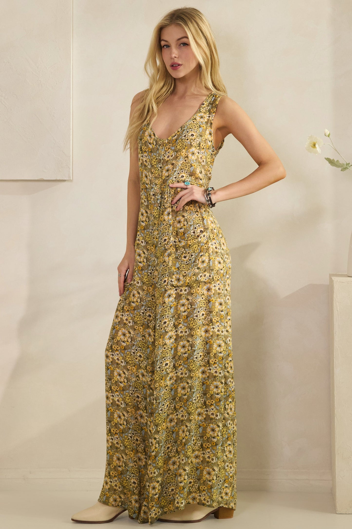 Light Olive Floral Wide-leg Jumpsuit