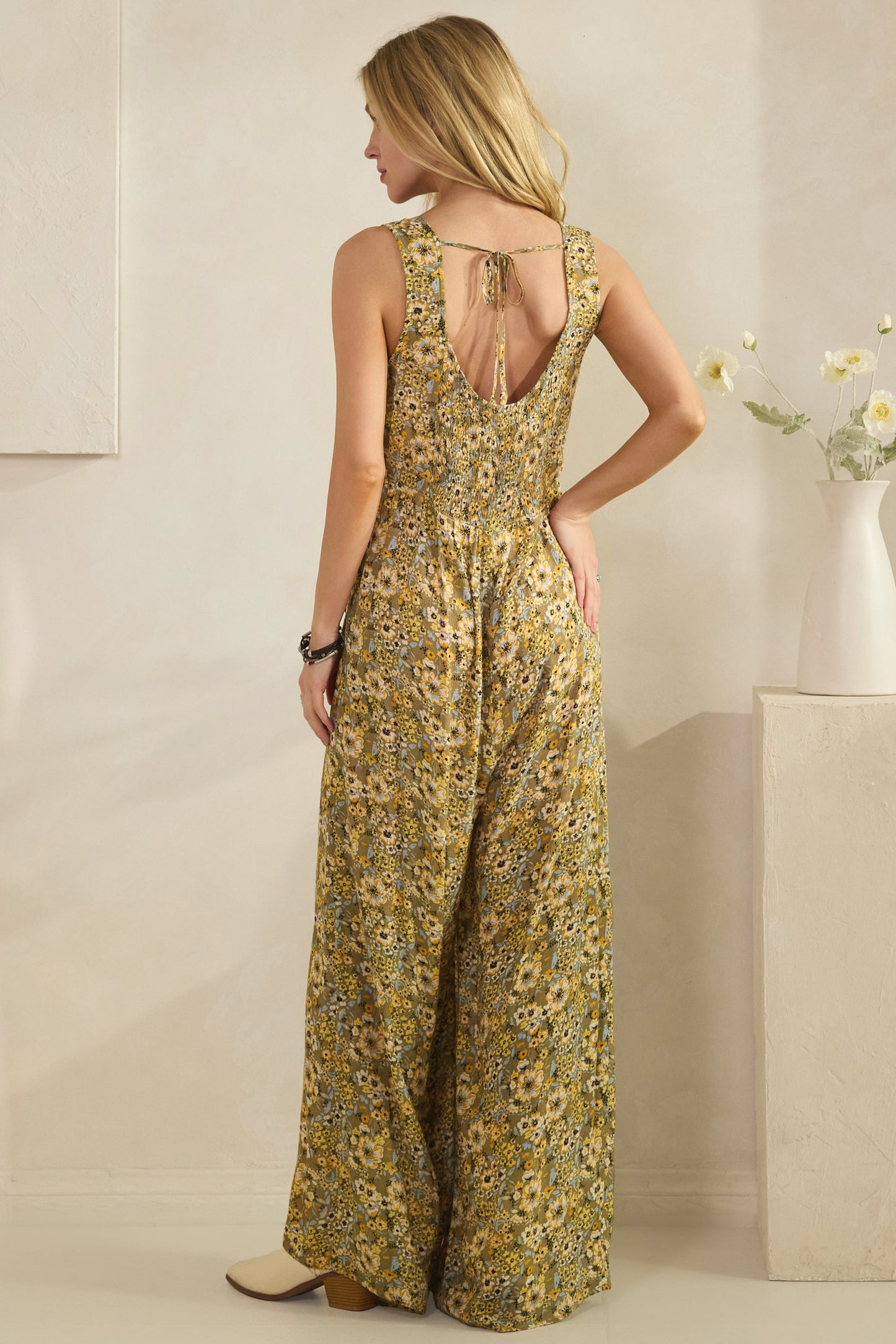 Light Olive Floral Wide-leg Jumpsuit