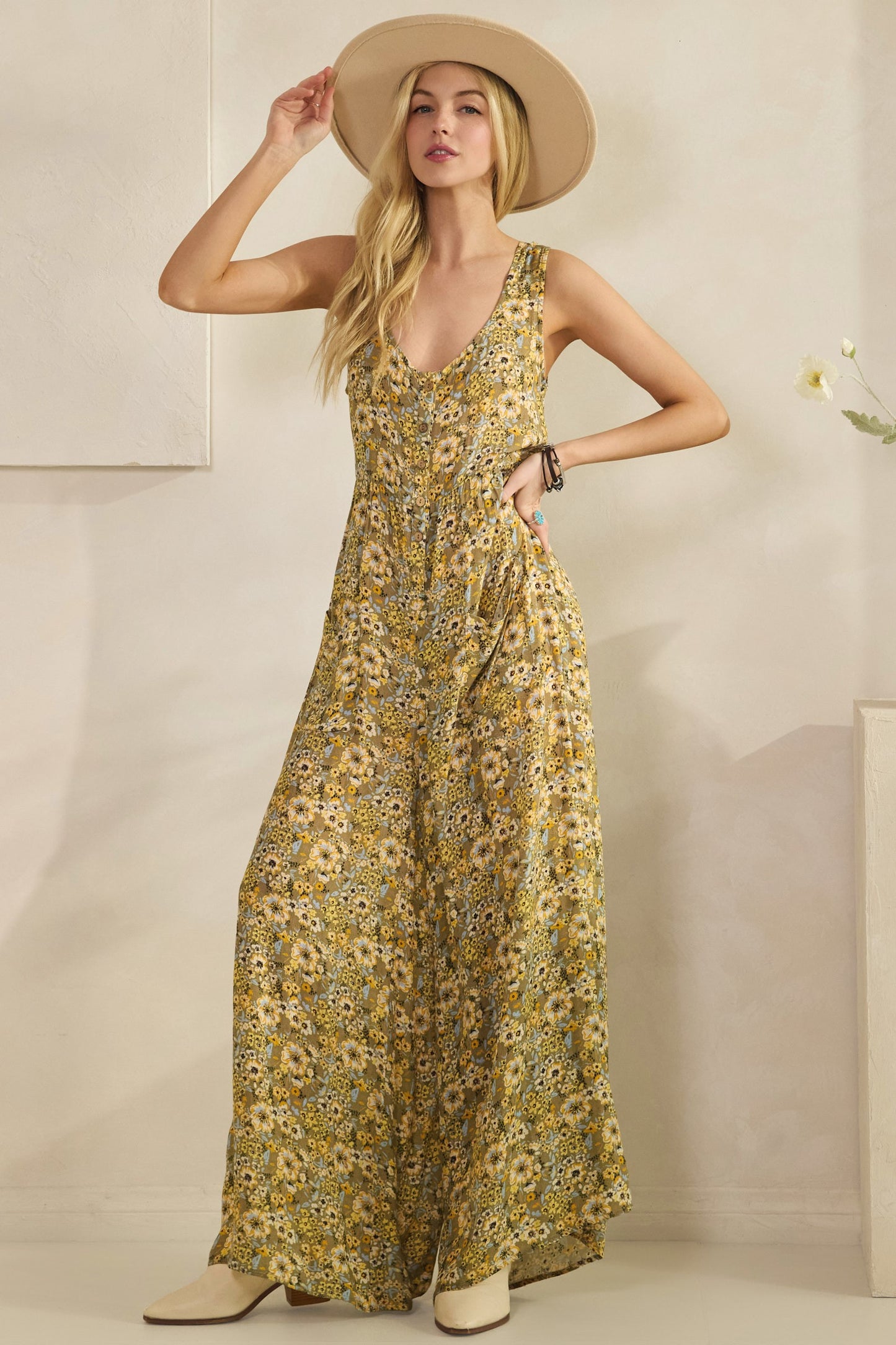 Light Olive Floral Wide-leg Jumpsuit