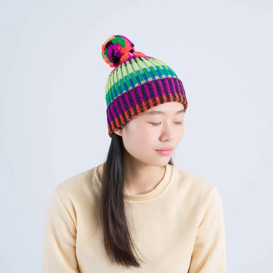 Lime Cobalt Mosaic Stripe Pom Beanie