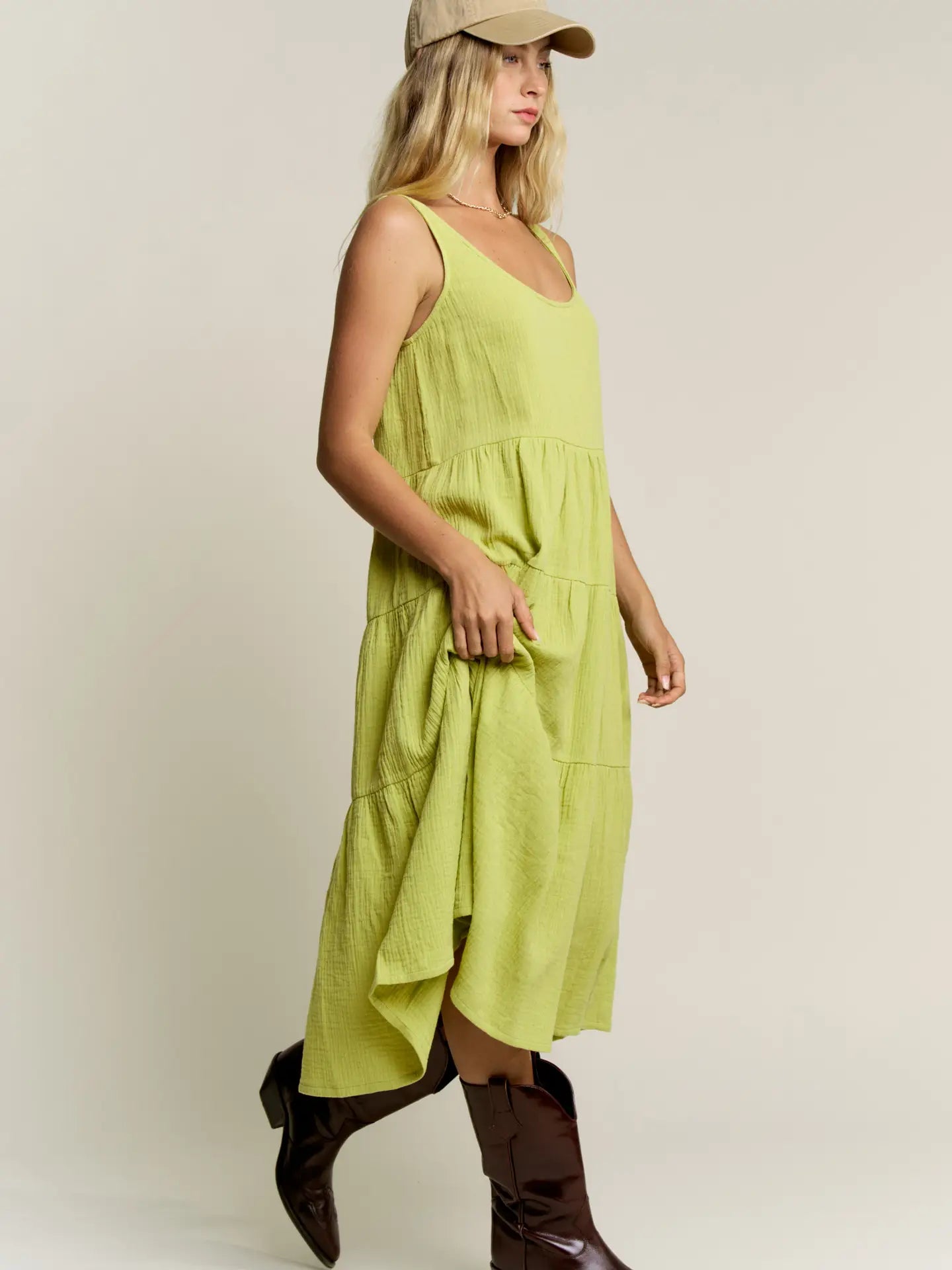 Lime Lightweight Gauze Tiered Midi Dress