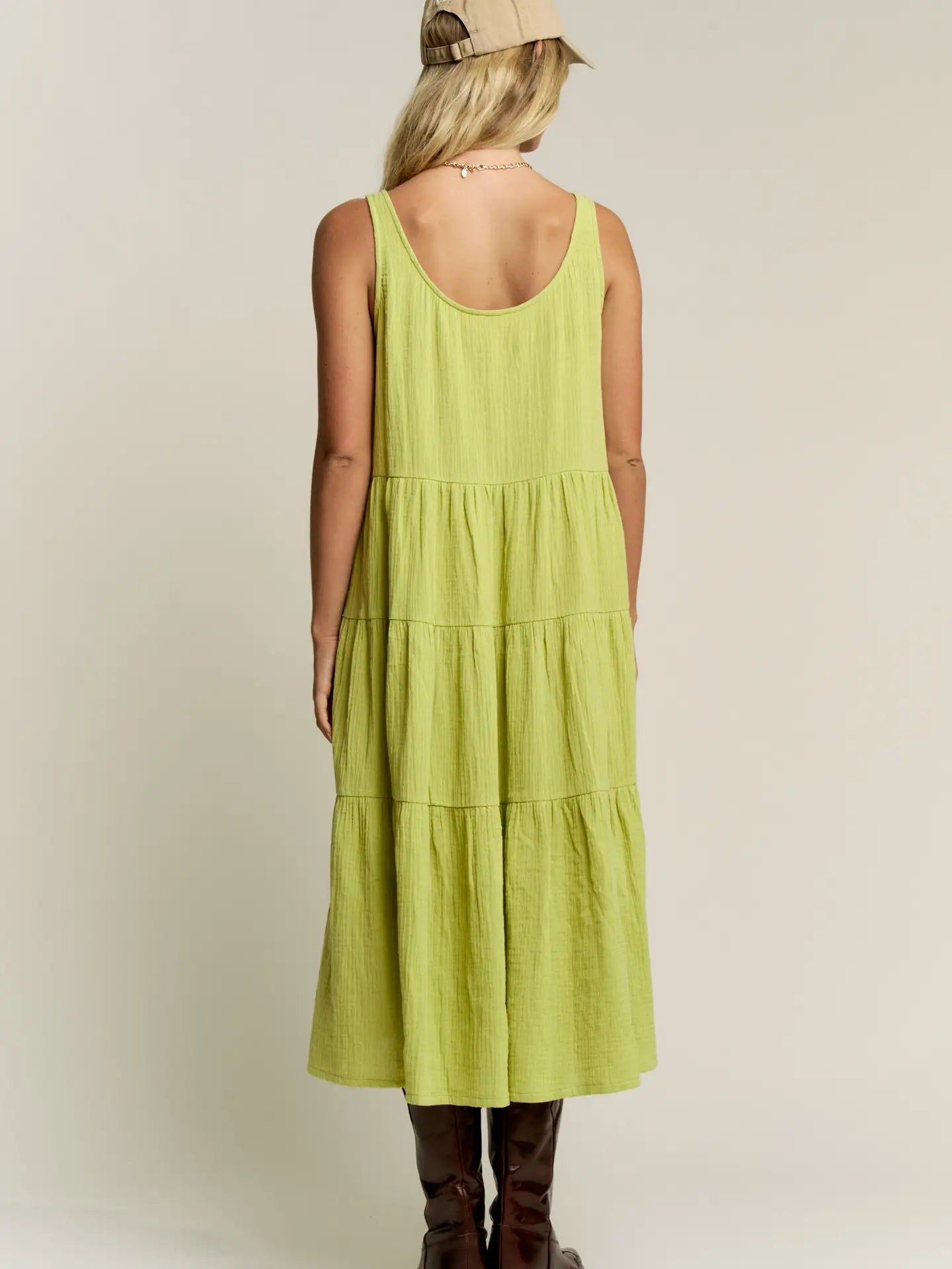 Lime Lightweight Gauze Tiered Midi Dress