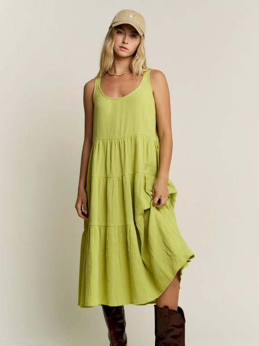 Lime Lightweight Gauze Tiered Midi Dress
