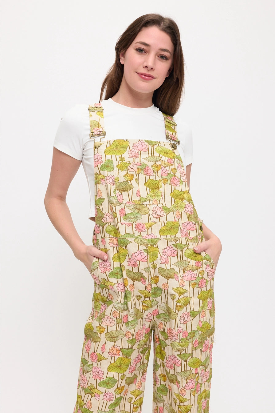 Lotus Flower and Lily Pads Print Overalls